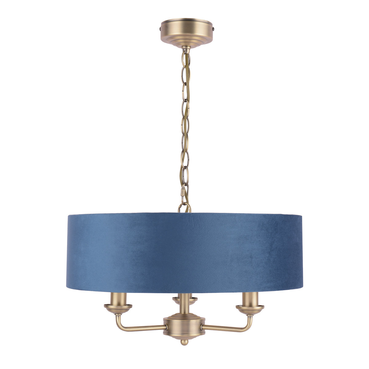 Freyza – Laura Ashley Sorrento 3-flammige Pendelleuchte, Antikmessing und blauer Samt
