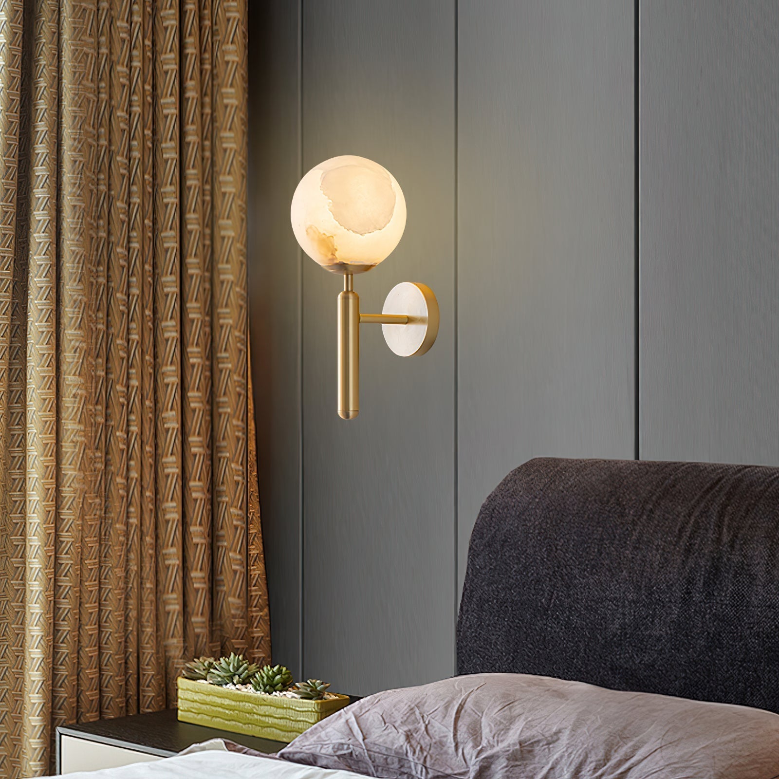 Freyza | Orlaeila Brass Alabaster Brass Wall Light – Bedroom Hallway