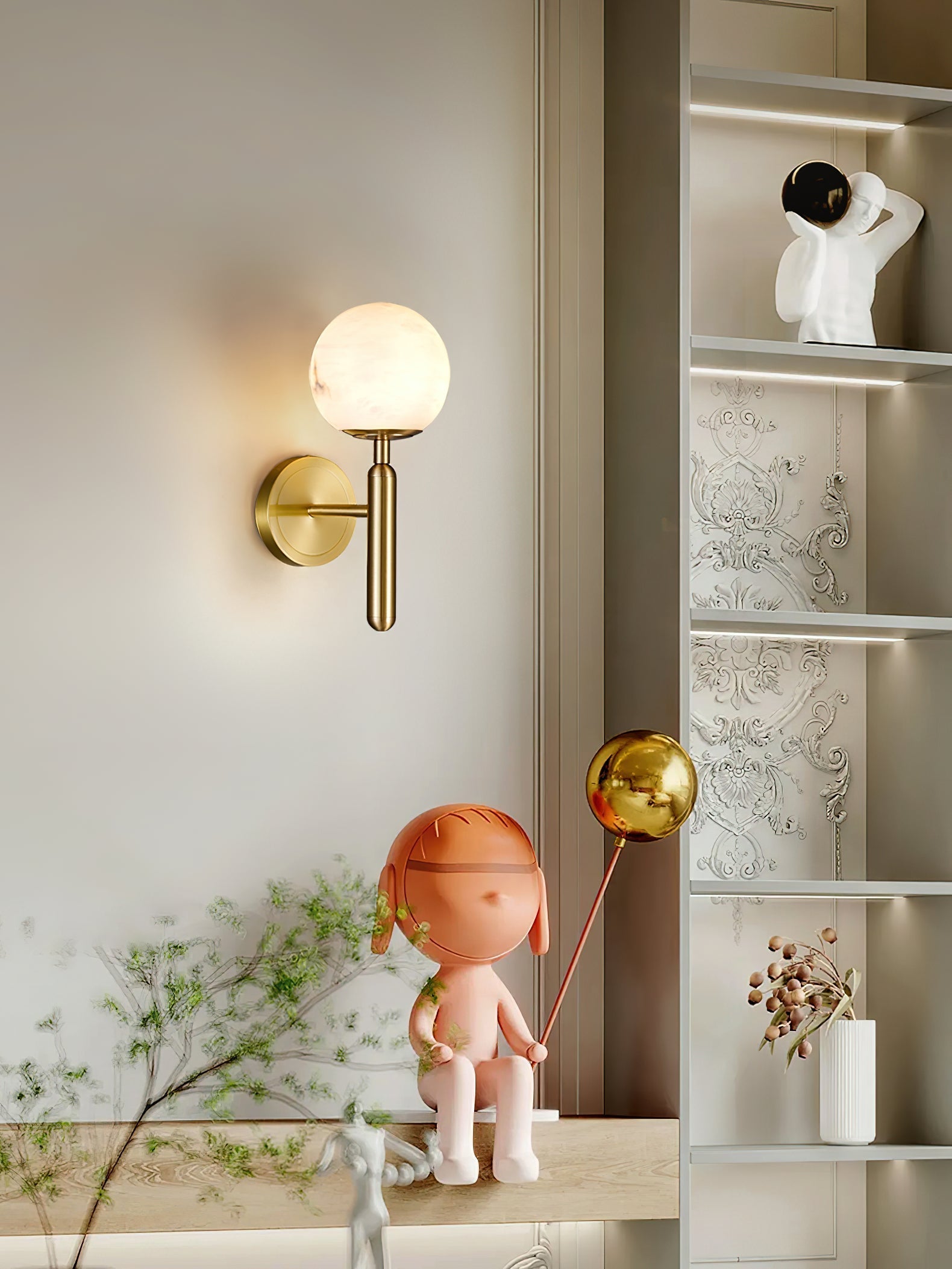 Freyza | Orlaeila Brass Alabaster Brass Wall Light – Bedroom Hallway