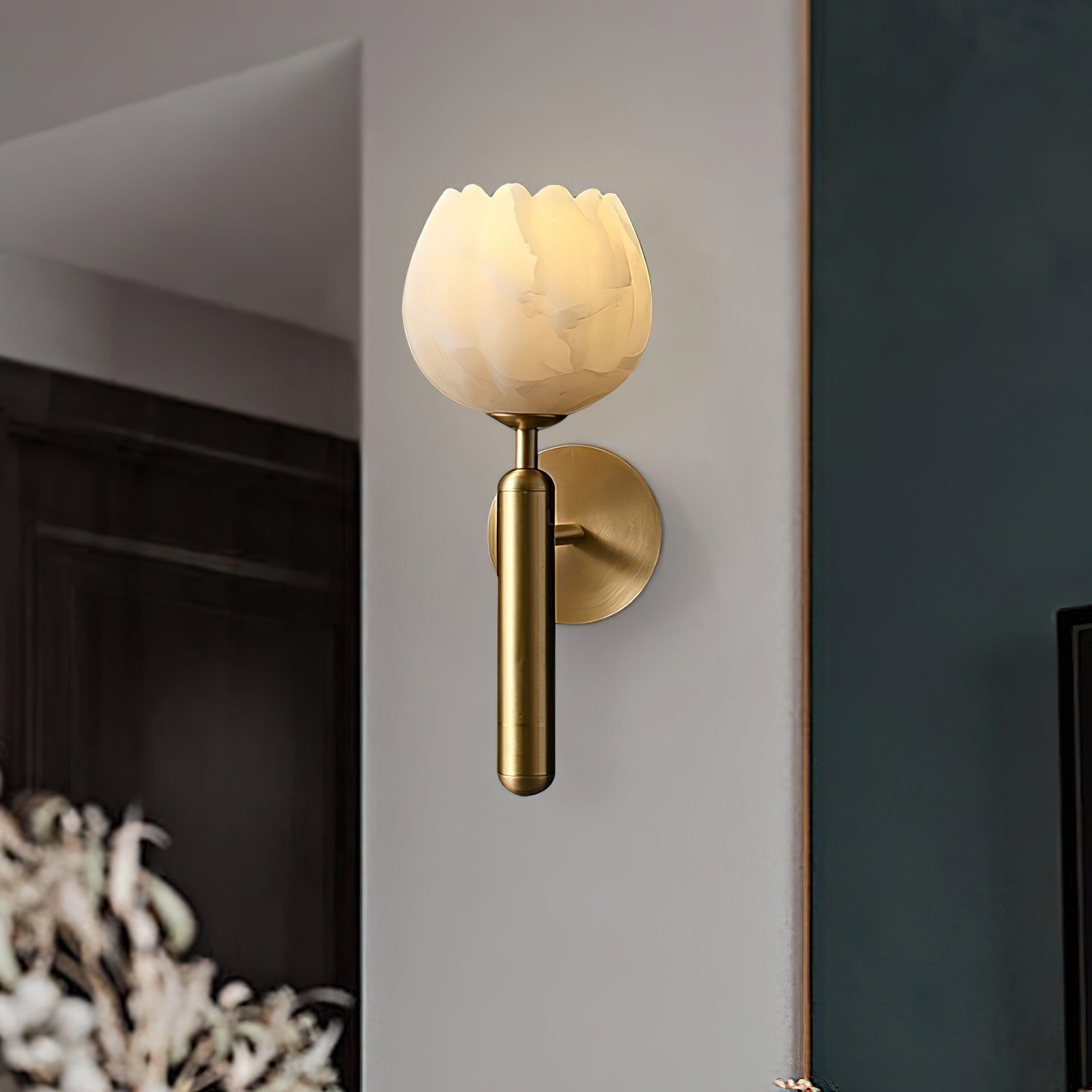 Freyza | Orlaeila Brass Alabaster Brass Wall Light – Bedroom Hallway