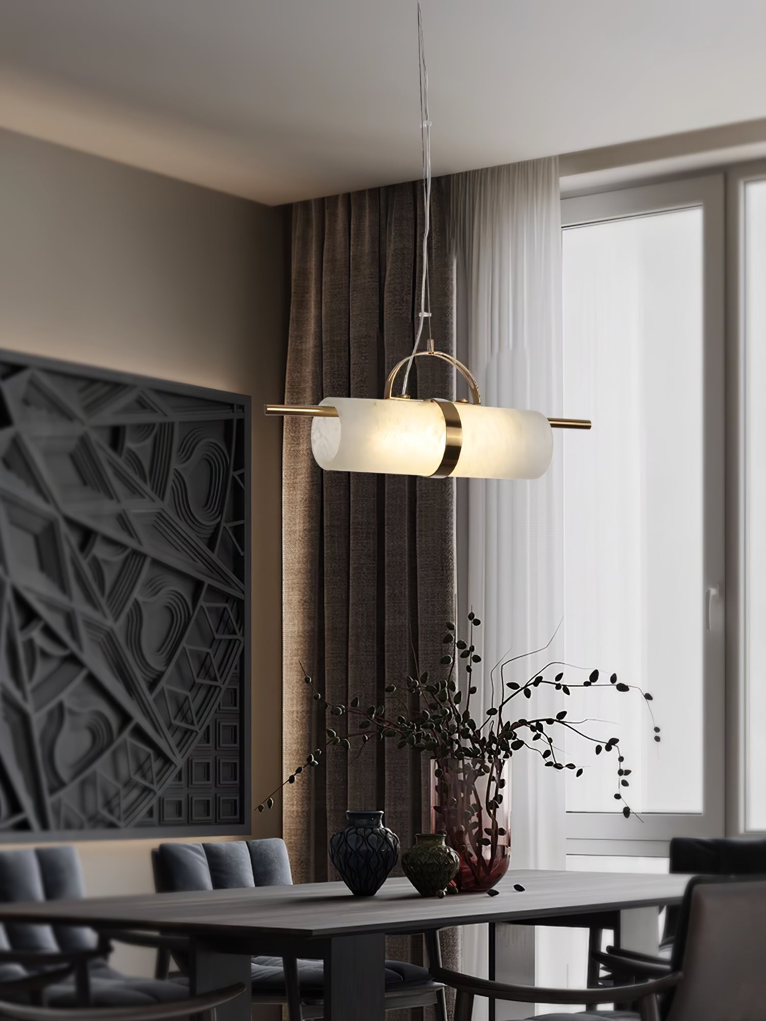 Freyza | Zylindrische Pendelleuchte „Atheor“ aus Alabaster – Küche und Esszimmer
