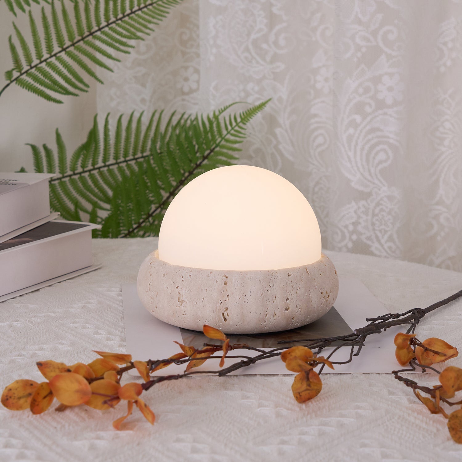Freyza | Lampe de table globe en travertin Riita – lampe de chevet pour chambre