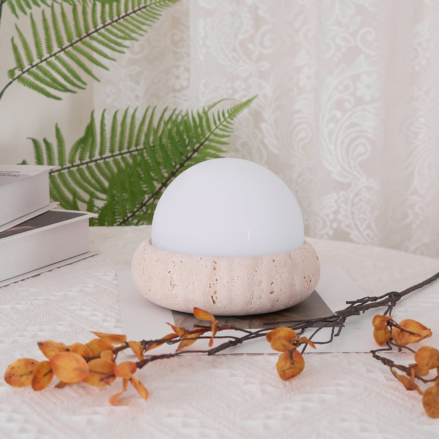 Freyza | Lampe de table globe en travertin Riita – lampe de chevet pour chambre