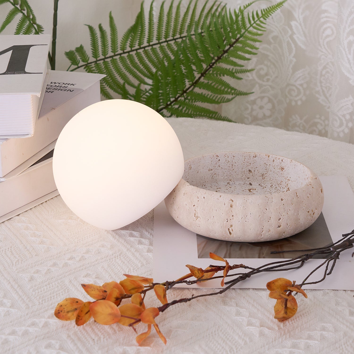 Freyza | Lampe de table globe en travertin Riita – lampe de chevet pour chambre