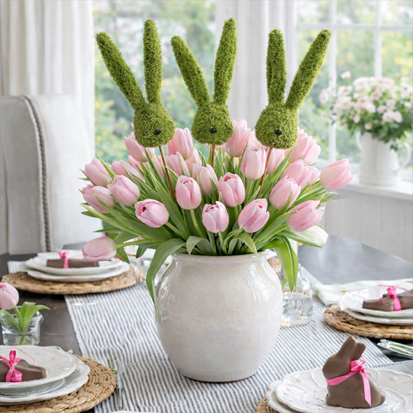 Freyza - Moos-Kaninchenkopf-Blumenstecker-Set | 50 cm Höhe mit Verspieltem Design für Charmante Frühlingsdekoration dimensions