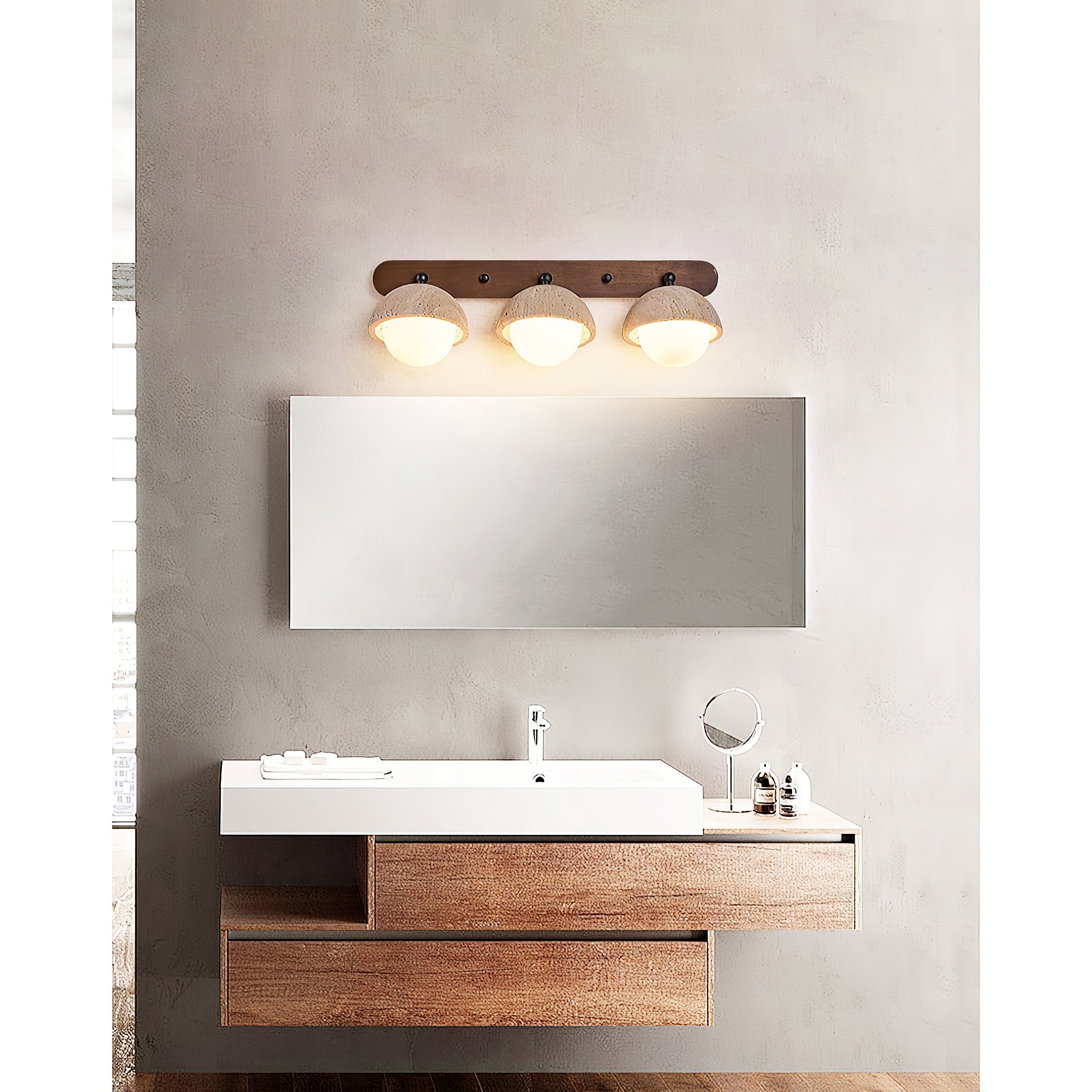 Freyza | Vodora Wandleuchte aus Holz und Travertin – Schlafzimmer, Flur
