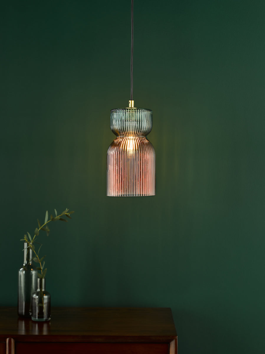 RhubarbGlow | Playful Textured Pink Green Ribbed Glass Pendant Light 2