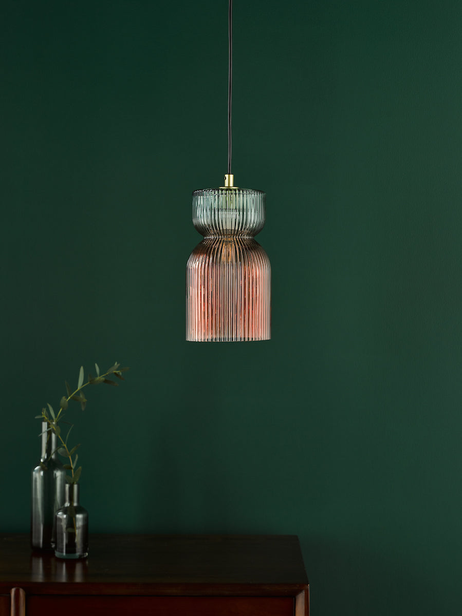 RhubarbGlow | Playful Textured Pink Green Ribbed Glass Pendant Light 4