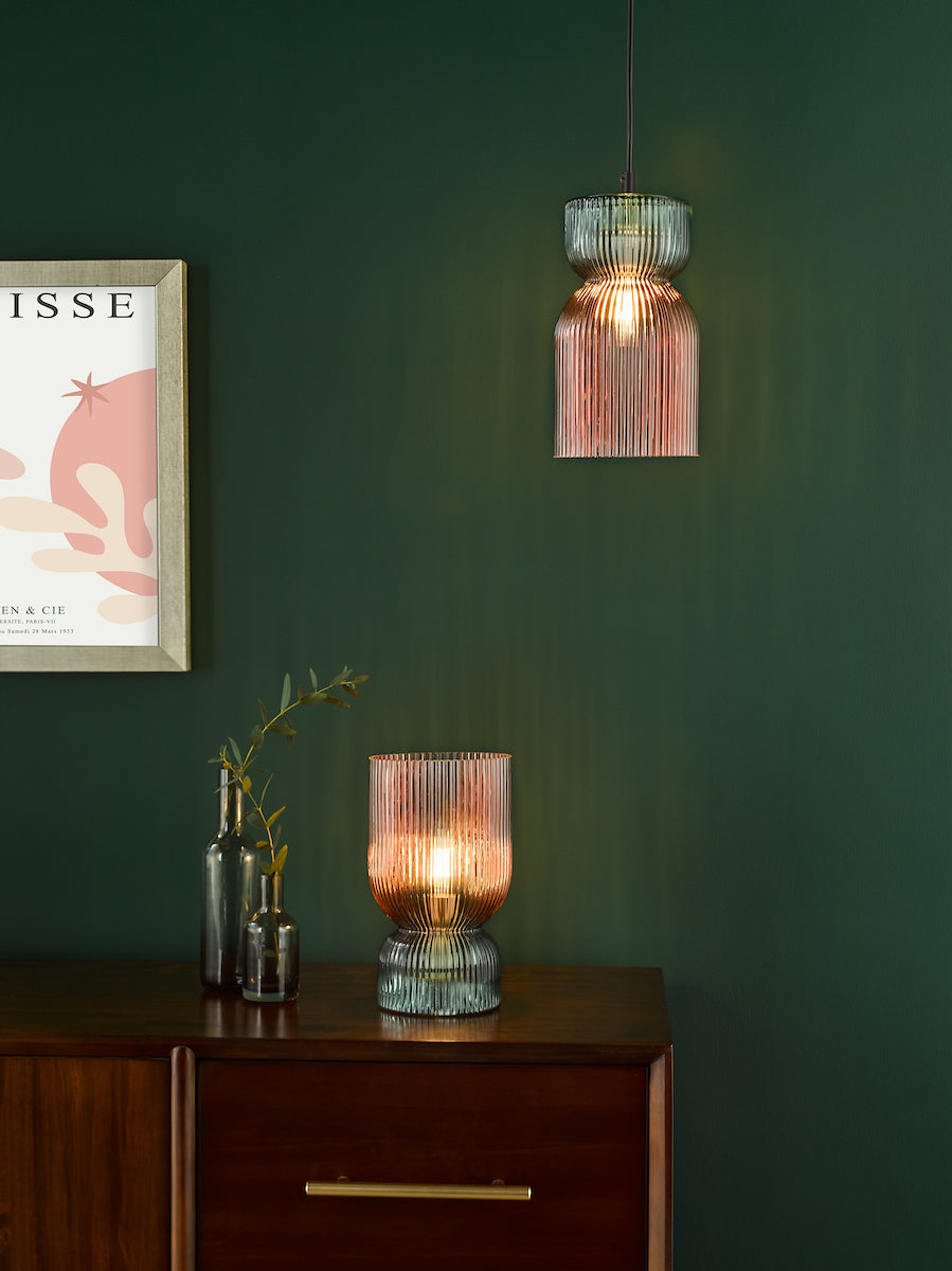 RhubarbGlow | Playful Textured Pink Green Ribbed Glass Pendant Light 9
