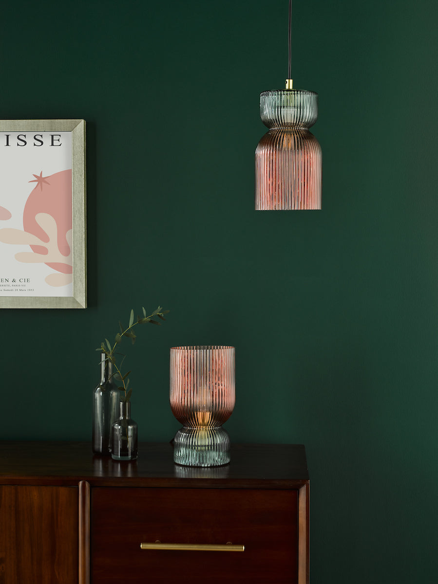 RhubarbGlow | Playful Textured Pink Green Ribbed Glass Pendant Light 8