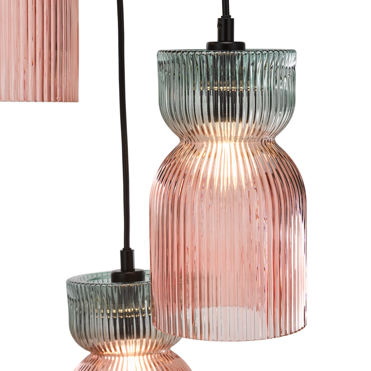 RhubarbGlow | Vibrant Pink Green Ribbed Glass Cluster Pendant Light 6