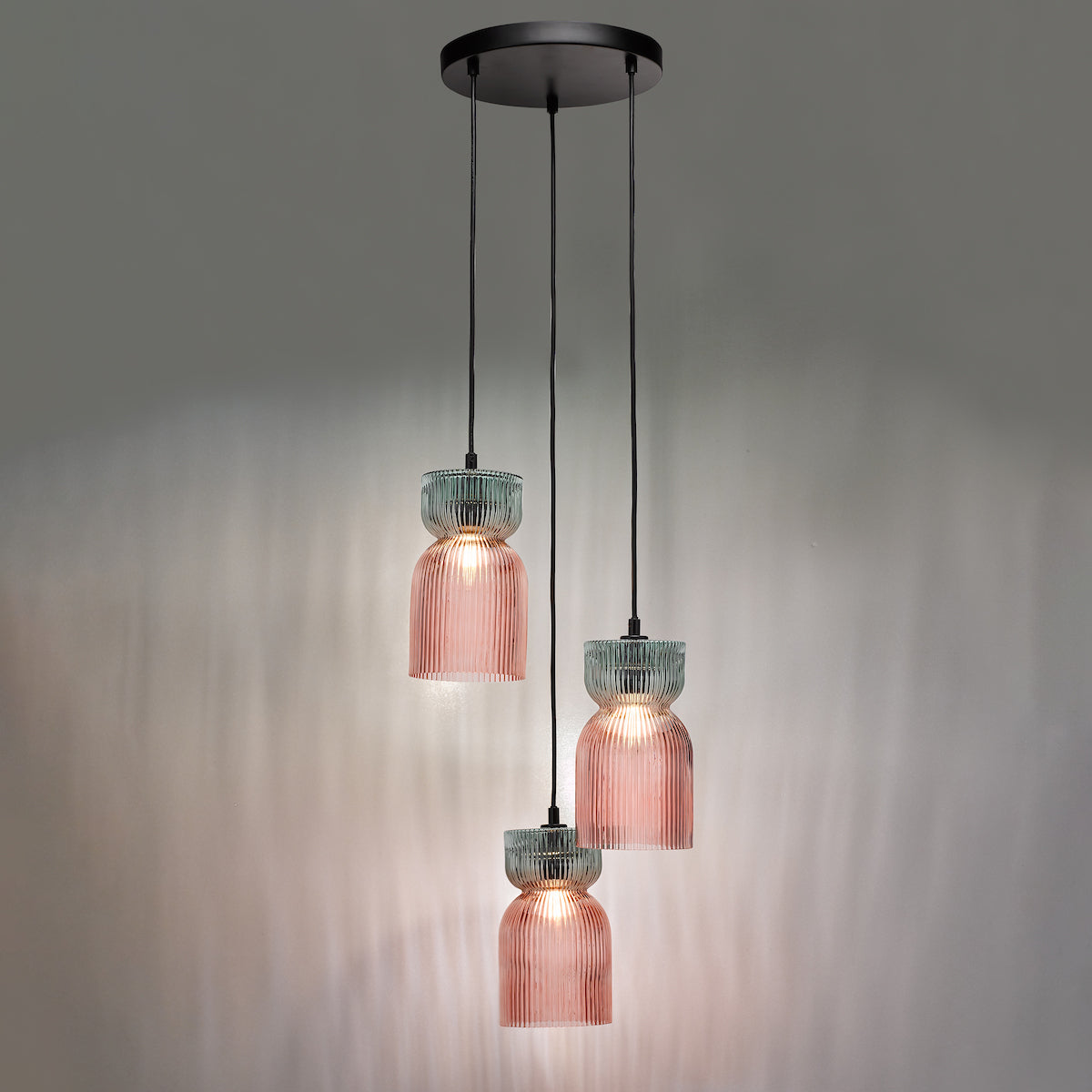 RhubarbGlow | Vibrant Pink Green Ribbed Glass Cluster Pendant Light 3