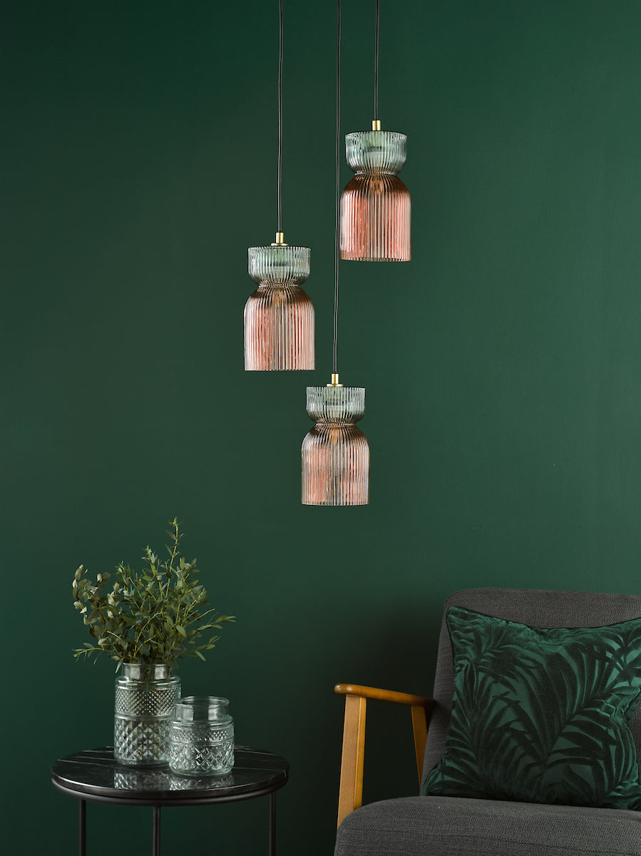 RhubarbGlow | Vibrant Pink Green Ribbed Glass Cluster Pendant Light 4