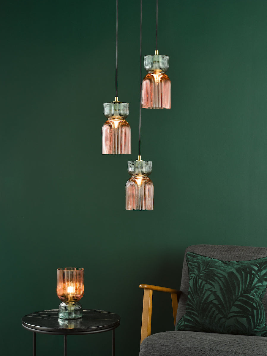 RhubarbGlow | Vibrant Pink Green Ribbed Glass Cluster Pendant Light 2