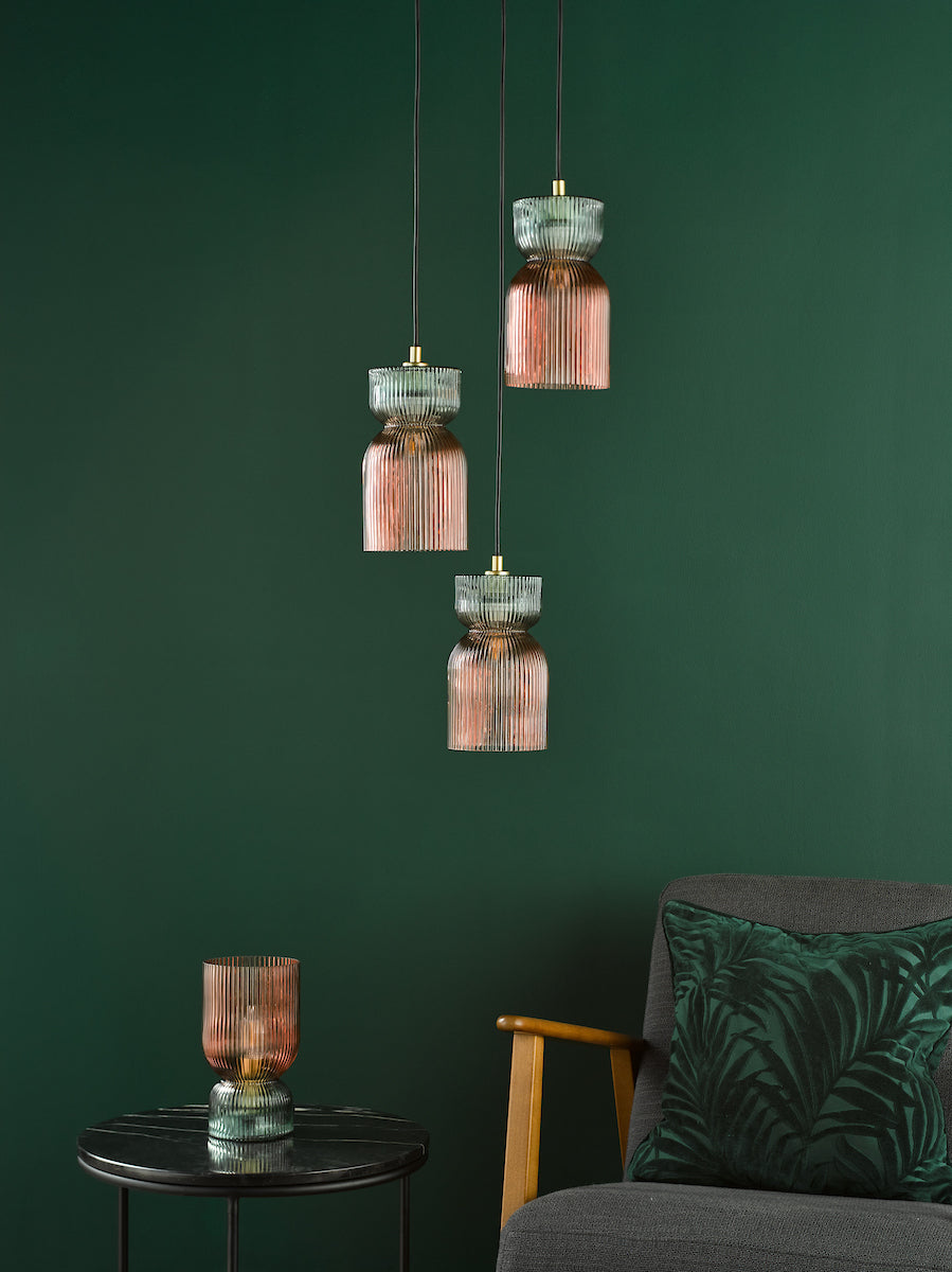 RhubarbGlow | Vibrant Pink Green Ribbed Glass Cluster Pendant Light 8