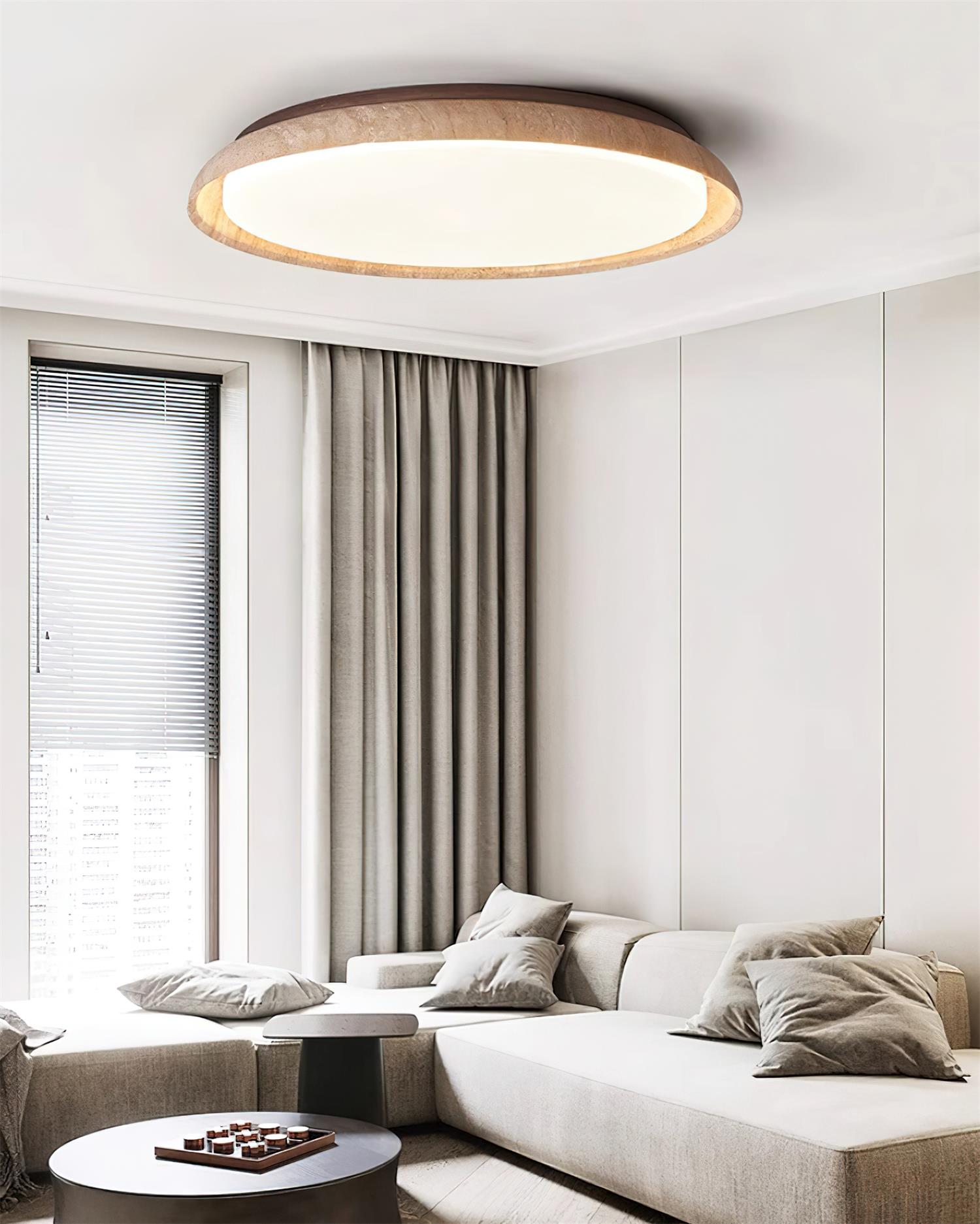 Freyza | Plafonnier rond affleurant en travertin Halo – chambre, couloir, cuisine
