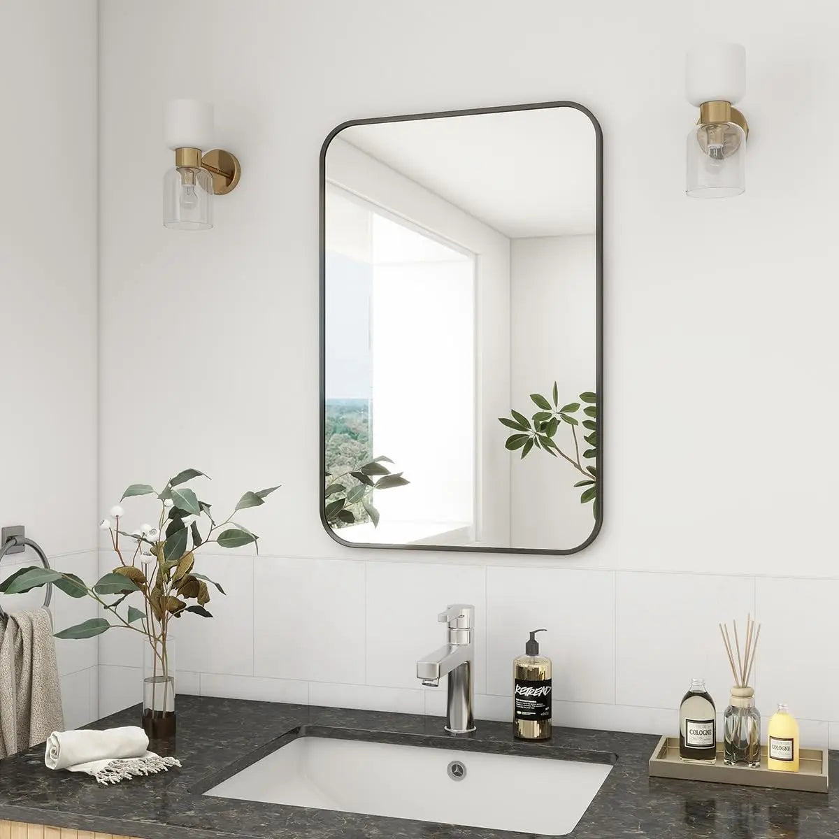 Stylish Bathroom Mirror | 20 x 28 Wall-Mounted Design with Rounded Corners | Elegant Aluminum Frame for Modern Decor 0