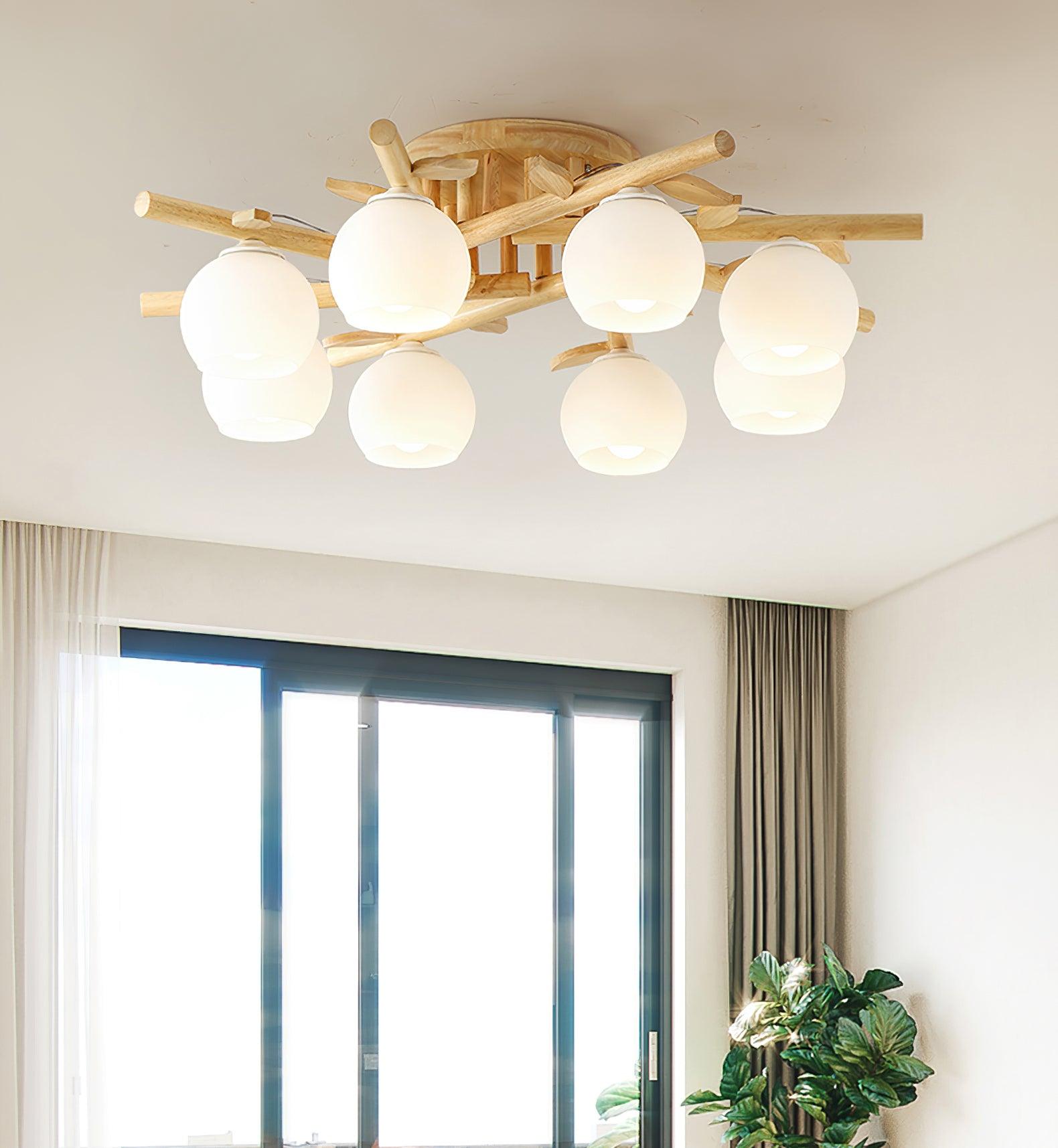 Freyza | Plafonnier en bois et verre – Lampe de plafond en bois pour chambre ou salon minimaliste