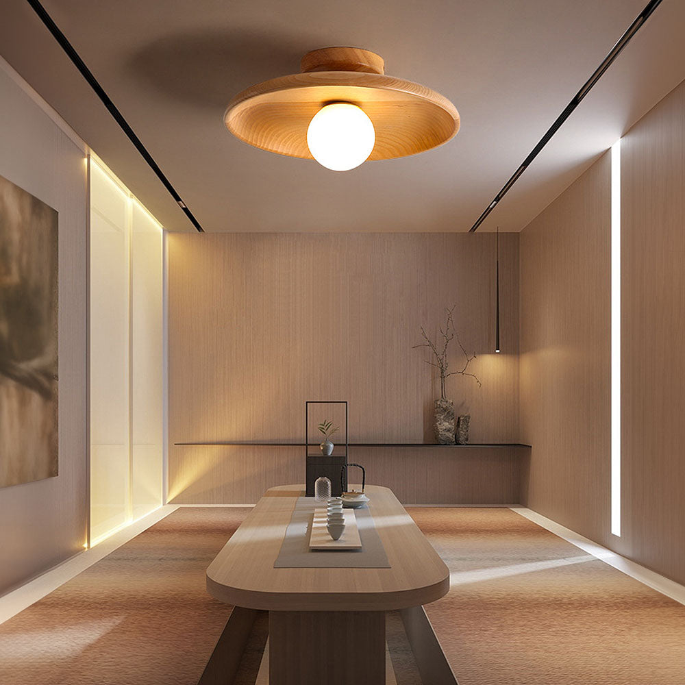 Wooden Flush Mount Ceiling Light with Spherical Fitting | Compact Design for Warm Ambiance 9