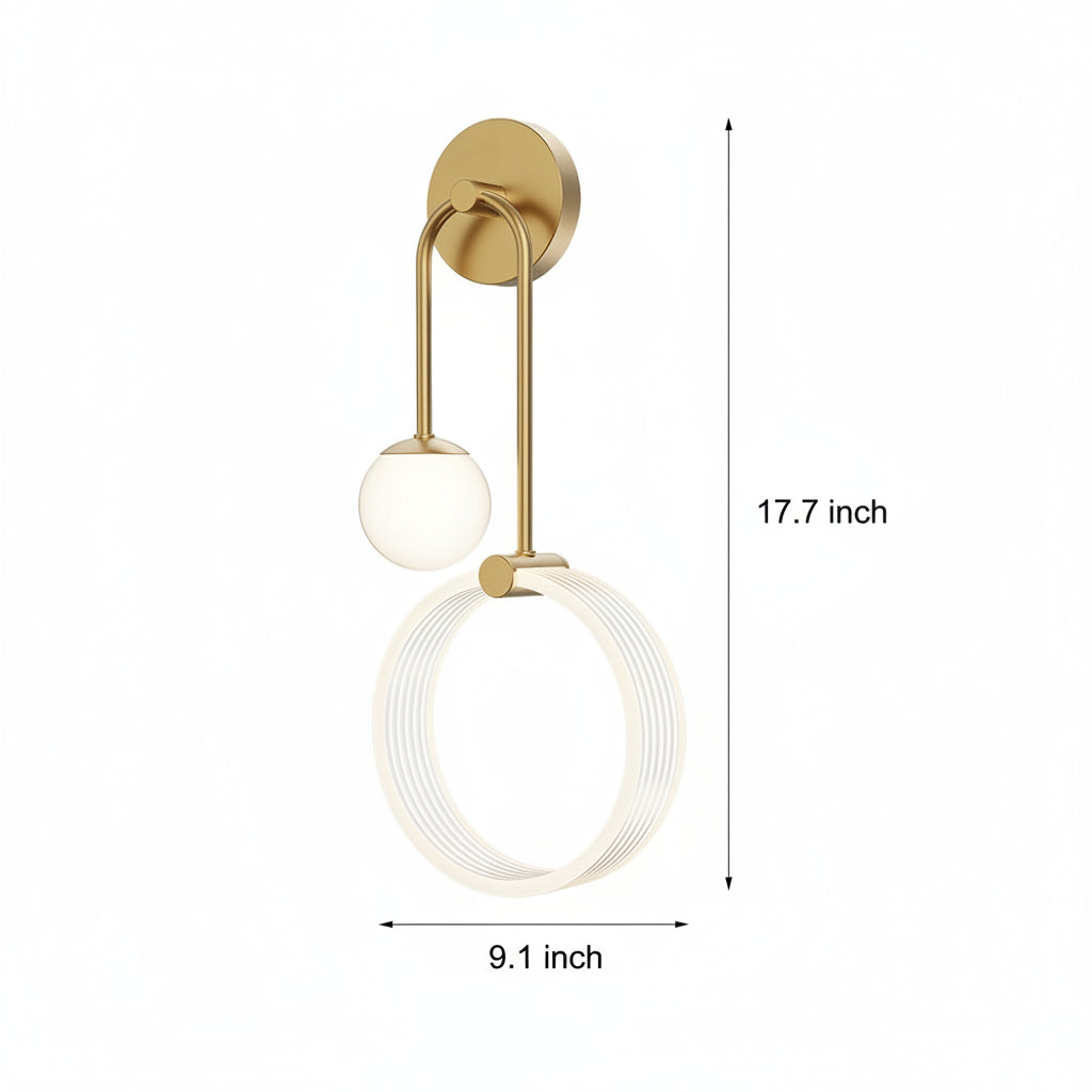 Freyza - LED Wall Sconce Light – Modern 2-Light Gold Acrylic Ring Frosted Globe (45x23cm / 17.7x9.1in)