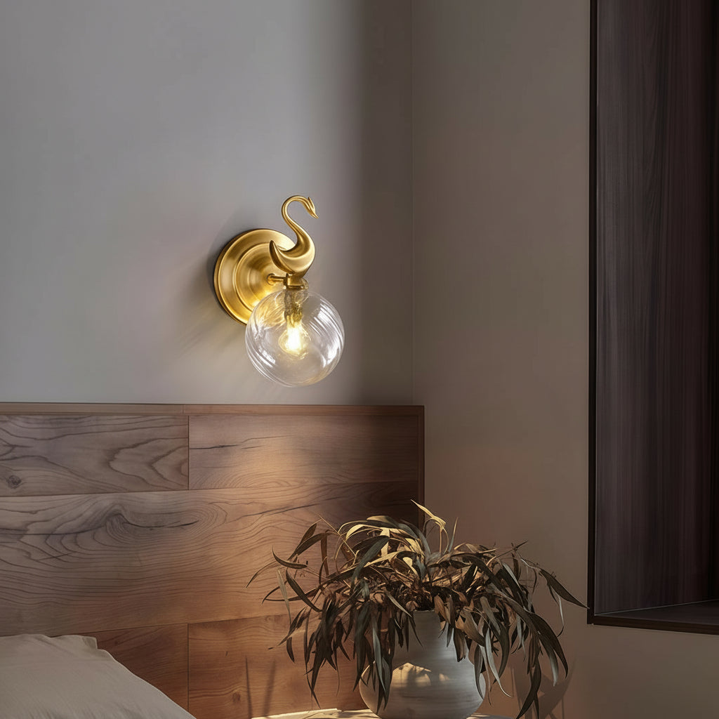 Freyza - LED Wall Sconce – Swan Motif Brass Swirl Glass G9 (23cm / 9in)