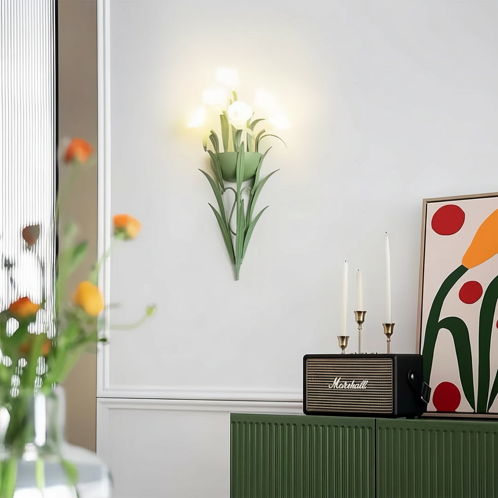 Freyza - LED Wall Sconce Light – Art Deco French Floral Green Glass (58x30cm / 22.8x11.8in)