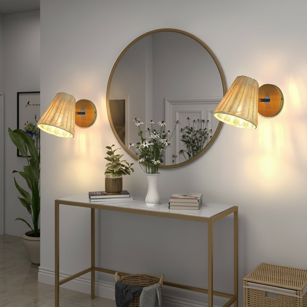 Freyza - Rattan Wall Sconce – 360° Adjustable Hand-Woven Japanese Natural (E27 E26 & 15x15cm)