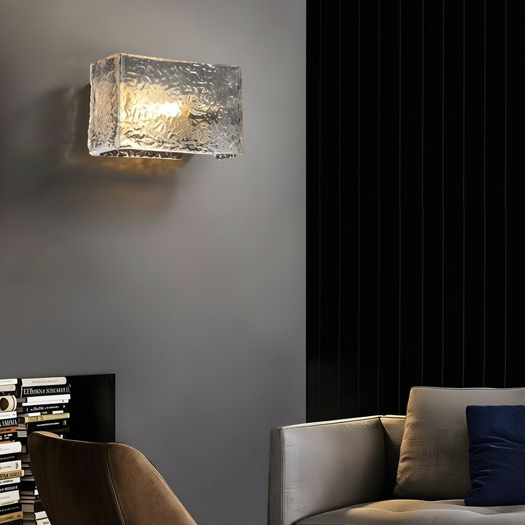 Freyza - LED Wall Sconce Light – Modern Rectangular Brass Ripple Glass (20x15cm / 7.9x5.9in)