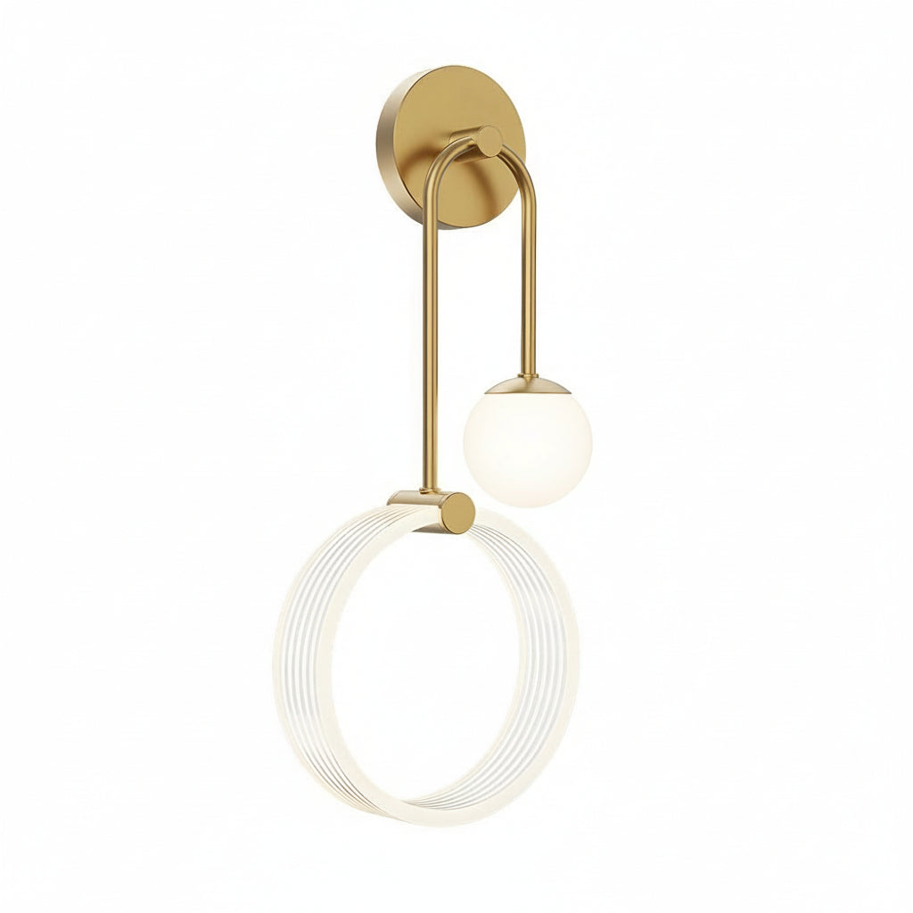 Freyza - LED Wall Sconce Light – Modern 2-Light Gold Acrylic Ring Frosted Globe (45x23cm / 17.7x9.1in)