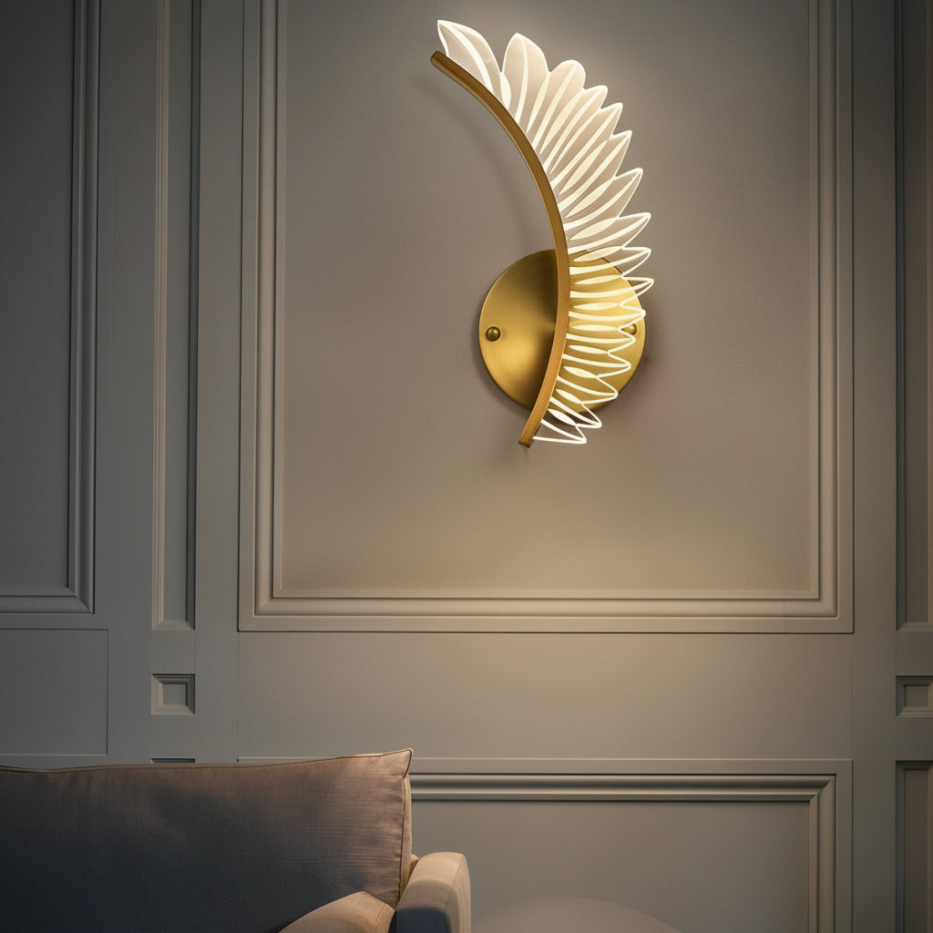 Freyza - LED Wall Sconce Light – Modern Acrylic Feather Copper Leaf (40x15cm / 15.7x5.9in)