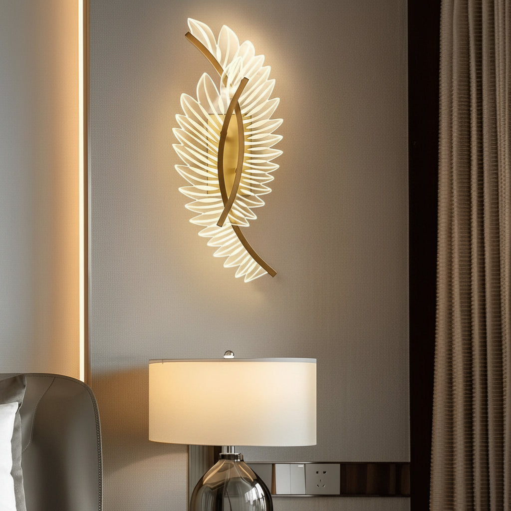 Freyza - LED Wall Sconce Light – Modern Acrylic Feather Copper Leaf (40x15cm / 15.7x5.9in)