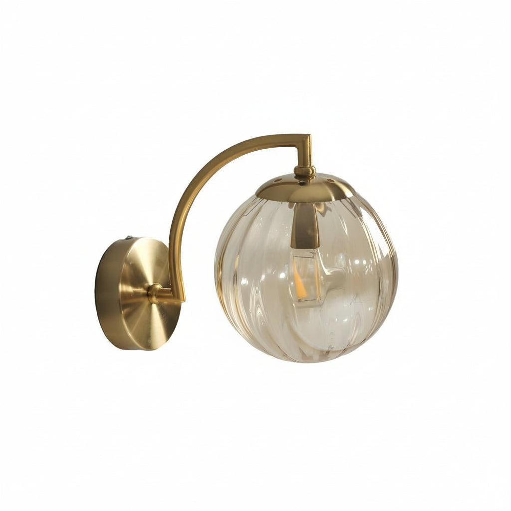 Freyza - LED Wall Sconce Light – Modern Curved Arm Ribbed Glass Globe (26x15cm / 10.2x5.9in)