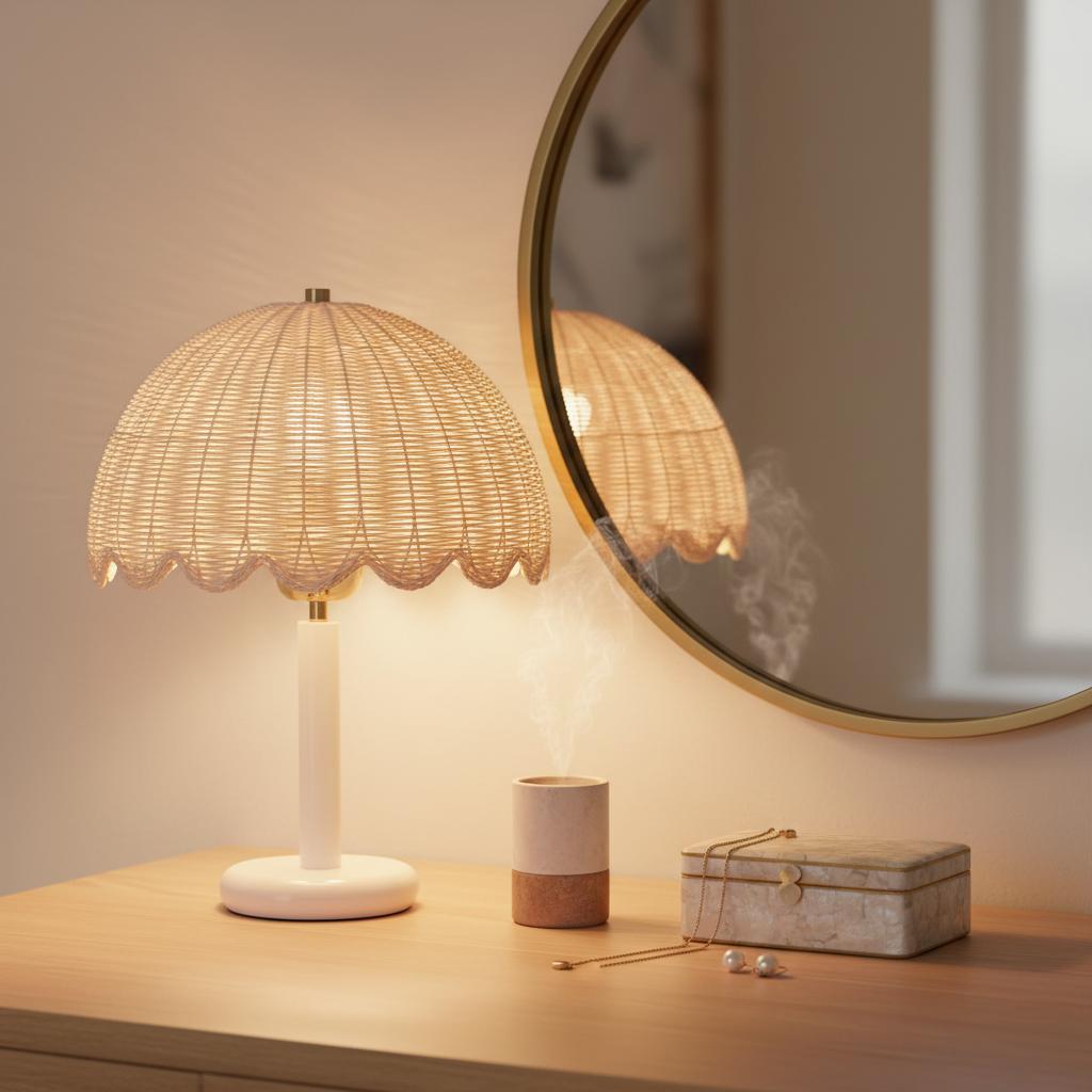 Freyza | Tischlampe aus Rattan und Holz – Nachttischlampe fürs Schlafzimmer