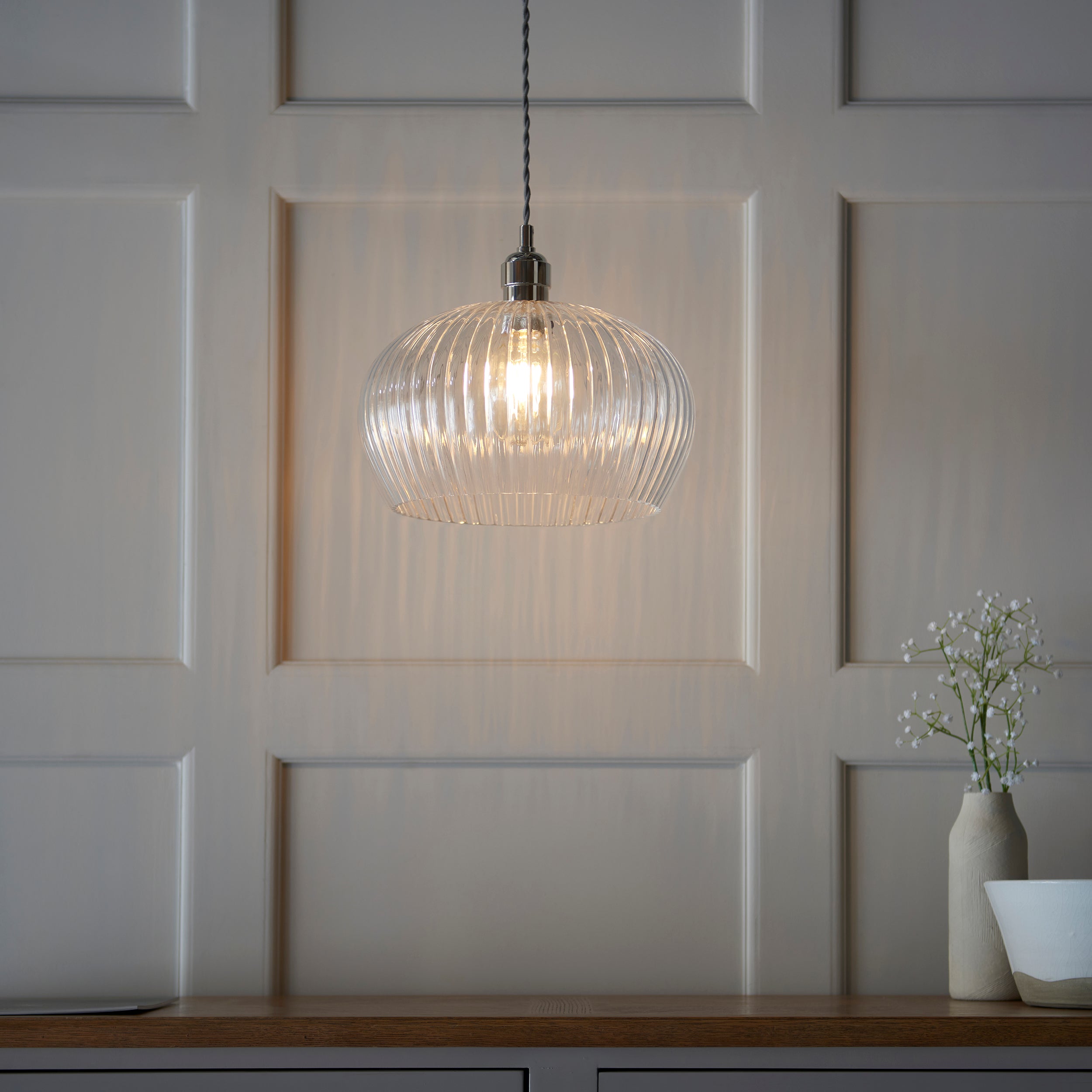 Freyza - Amos Lucid Medium Pendant Ribbed Glass