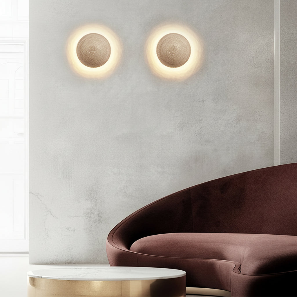 Freyza - Travertine Stone Wall Sconce – Japanese Wabi-Sabi Round LED Wall Lamp (15W, Warm White)