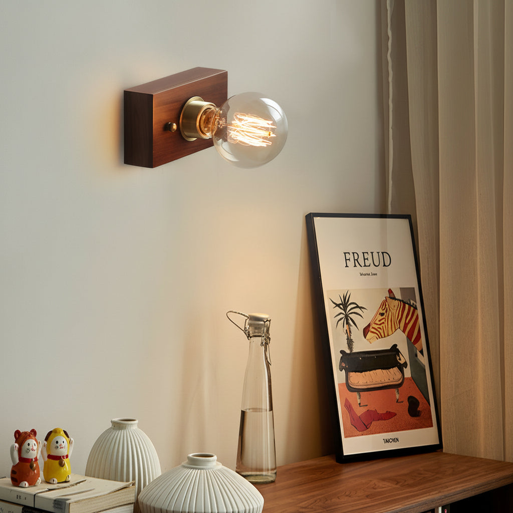 Freyza - Mid-Century Walnut Wood Wall Sconce – Vintage Bedside Wall Lamp with Pull Chain (E27)