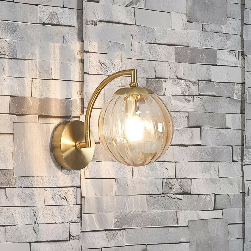 Freyza - LED Wall Sconce Light – Modern Curved Arm Ribbed Glass Globe (26x15cm / 10.2x5.9in)