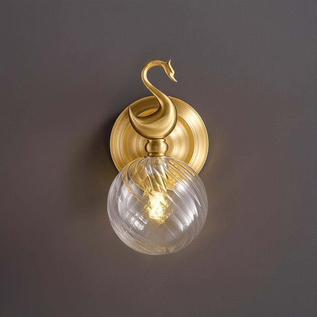 Freyza - LED Wall Sconce – Swan Motif Brass Swirl Glass G9 (23cm / 9in)