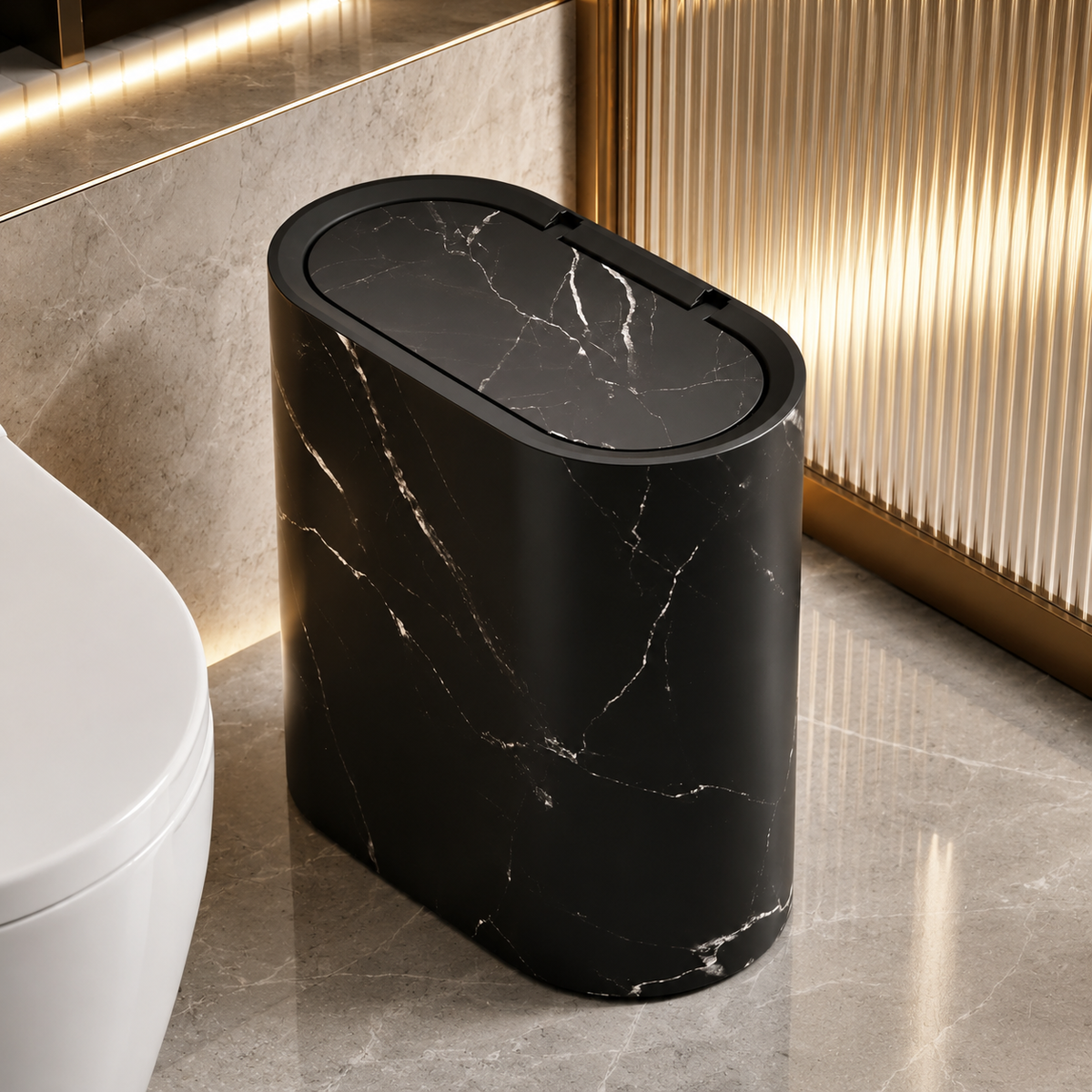 Trash Can with Lid, Marble Finish | Oval Slim Bathroom & Kitchen Bin