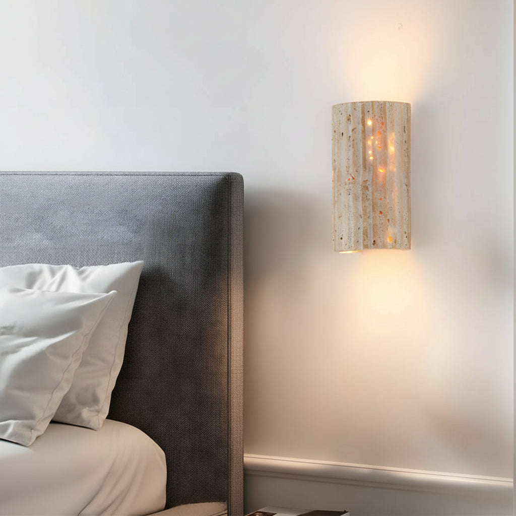 Freyza - LED Wall Sconce Light – Modern Minimalist Natural Travertine Stone (16.5x9cm / 6.5x3.5in)