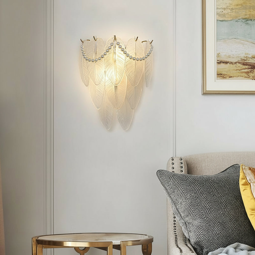 Freyza - Glass Wall Sconce – French Leaf Feather Pearl Gold (E14 Dimming & 31x34cm)