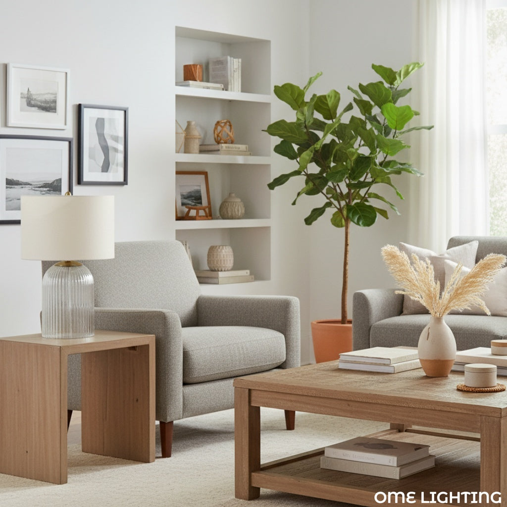 Freyza | Tischlampe aus Leinen und Glas – Nachttischlampe fürs Schlafzimmer