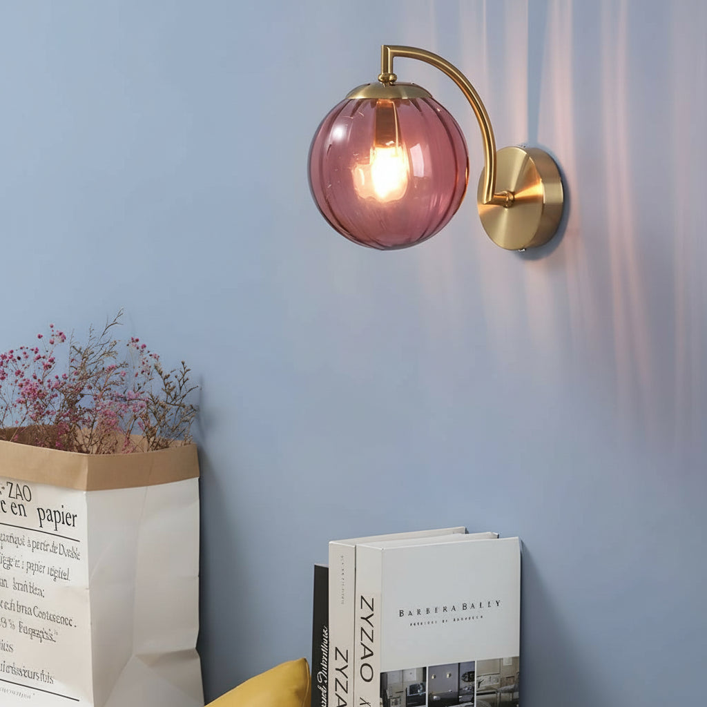 Freyza - LED Wall Sconce Light – Modern Curved Arm Ribbed Glass Globe (26x15cm / 10.2x5.9in)