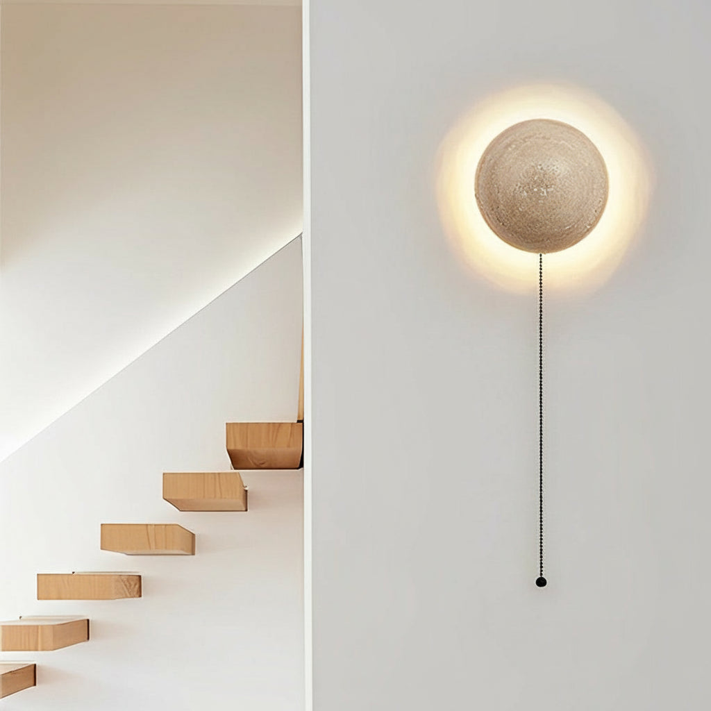Freyza - Travertine Stone Wall Sconce – Japanese Wabi-Sabi Round LED Wall Lamp (15W, Warm White)