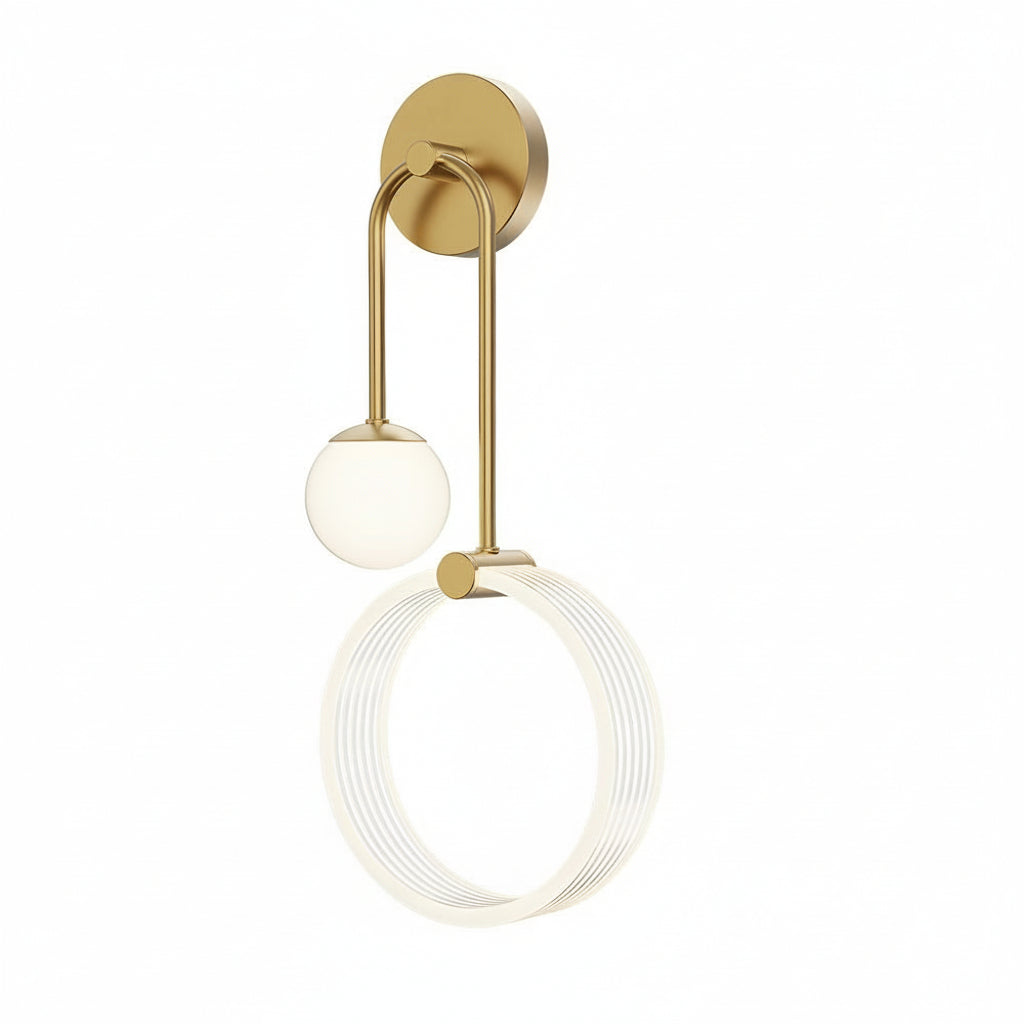 Freyza - LED Wall Sconce Light – Modern 2-Light Gold Acrylic Ring Frosted Globe (45x23cm / 17.7x9.1in)