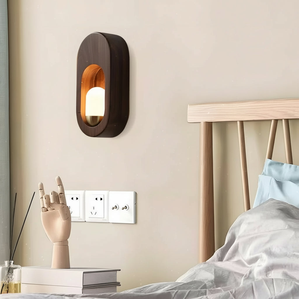 Freyza - LED Wall Sconce Light – Modern Minimalist Oval Wood Nordic Walnut (20x10cm / 7.9x3.9in)