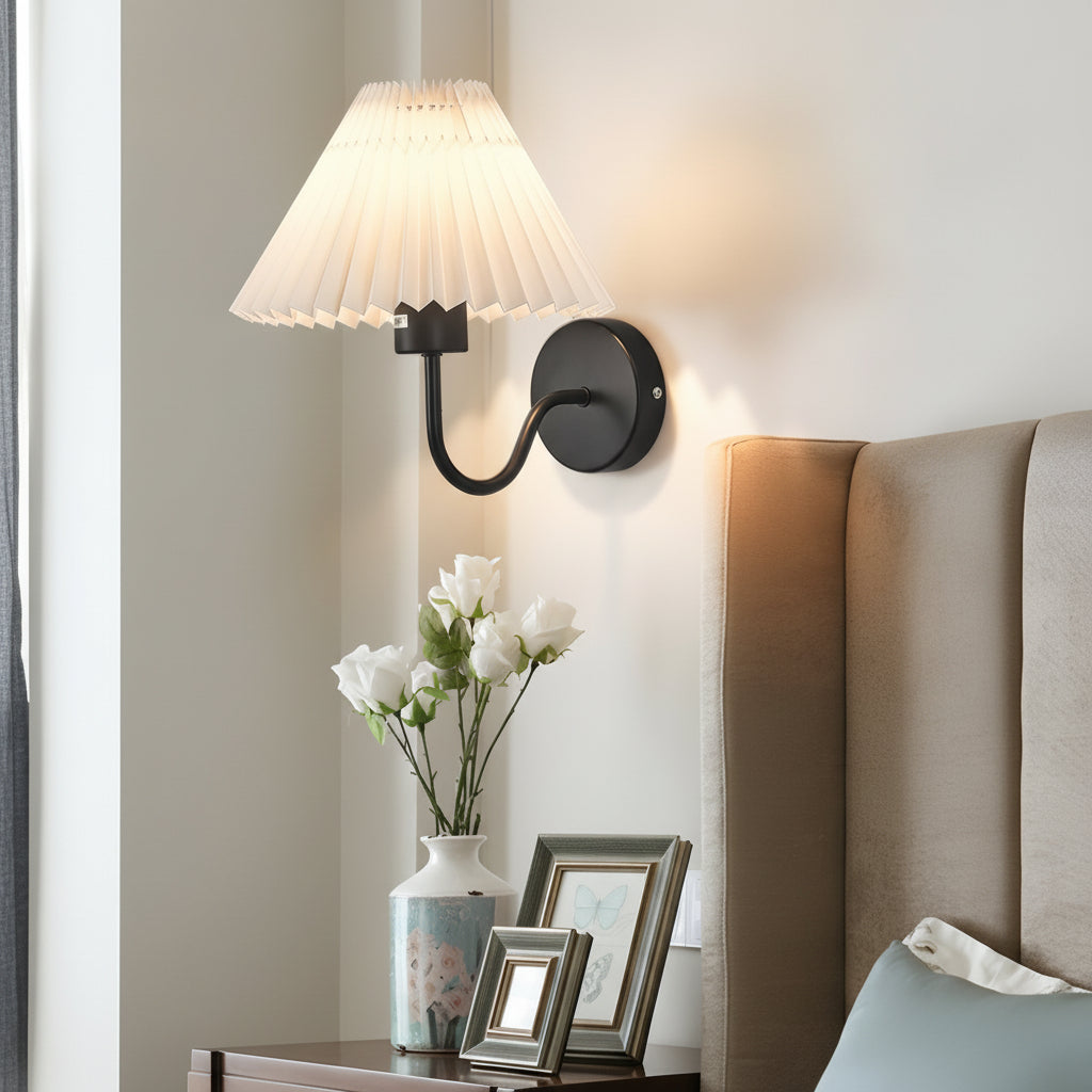 Freyza - LED Wall Sconce Light – Vintage Metallic Armed Pleated Fabric Shade (36x14cm / 14.2x5.5in)
