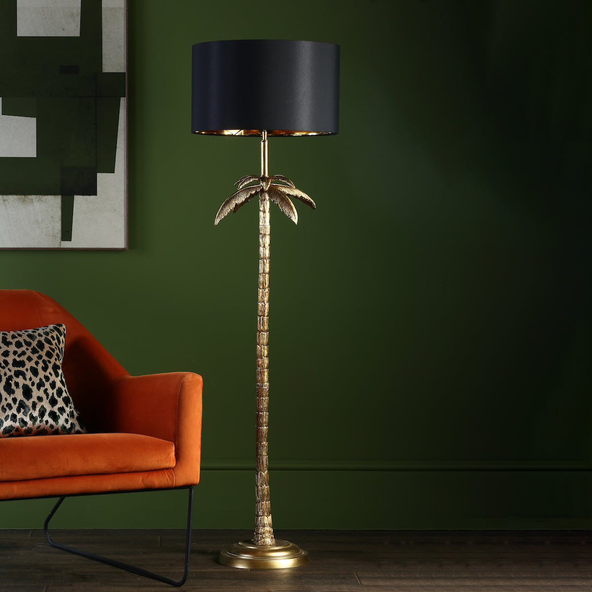 Freyza - Floor Lamp Antique Gold | Tropical Palm Tree Design with Black Fabric Shade | Quirky Gold Leaf Standing Light with Inline Foot Switch