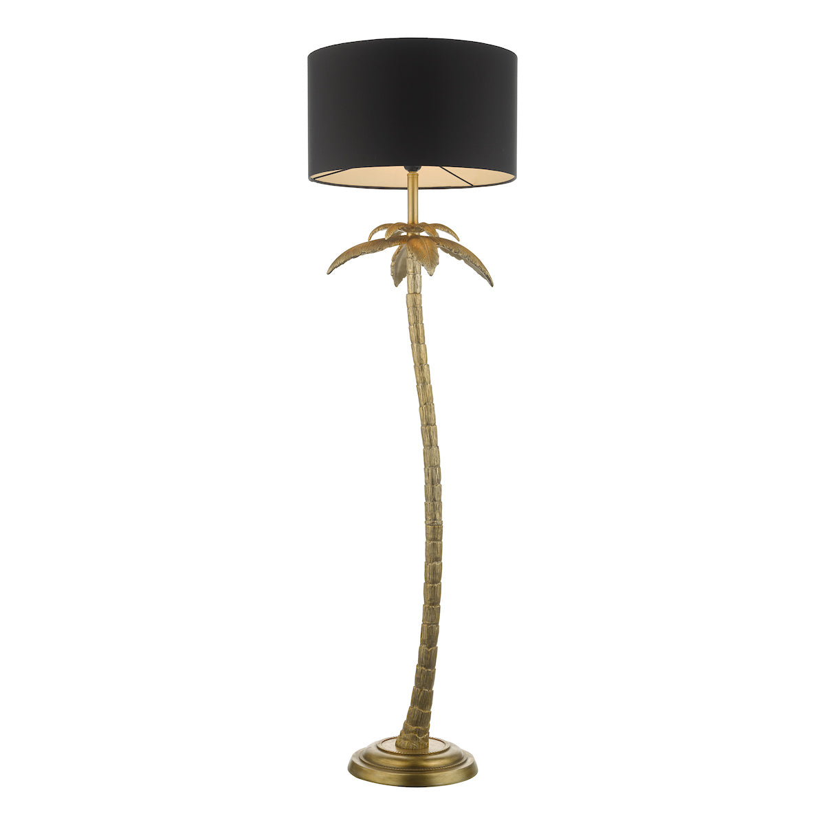 Freyza - Floor Lamp Antique Gold | Tropical Palm Tree Design with Black Fabric Shade | Quirky Gold Leaf Standing Light with Inline Foot Switch