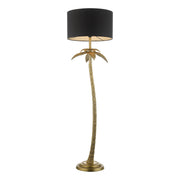 Freyza - Floor Lamp Antique Gold | Tropical Palm Tree Design with Black Fabric Shade | Quirky Gold Leaf Standing Light with Inline Foot Switch